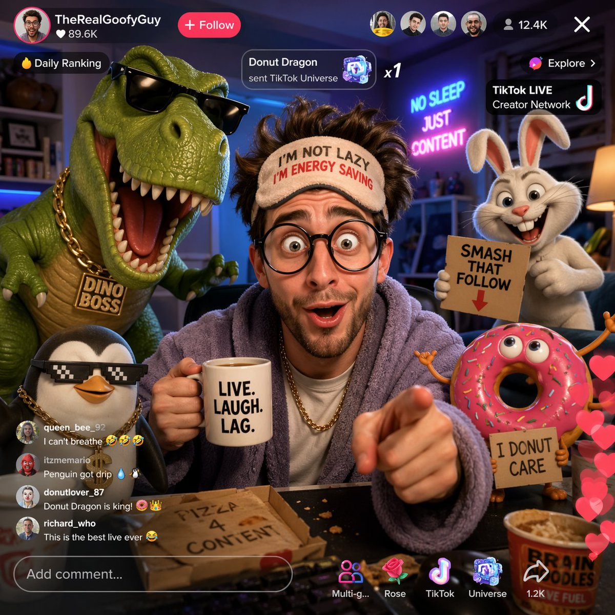有趣的 TikTok 直播，配有卡通角色