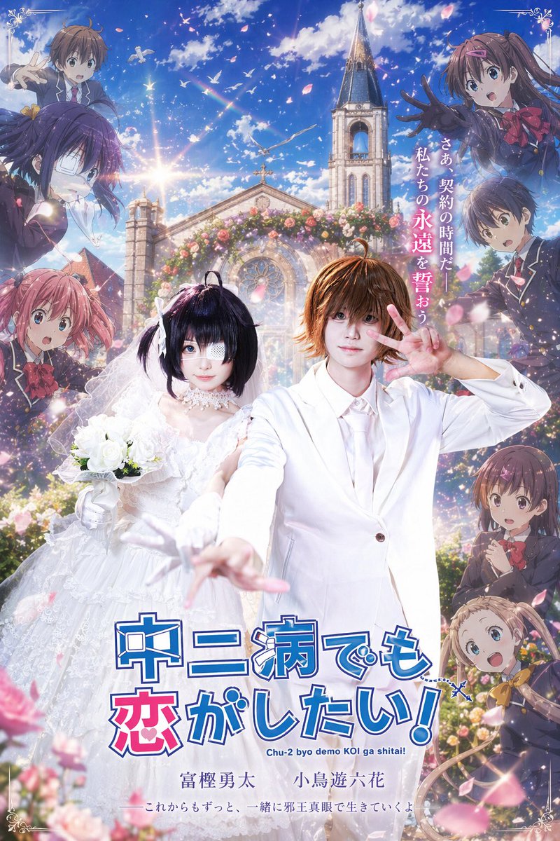 教堂前的动漫风婚礼海报