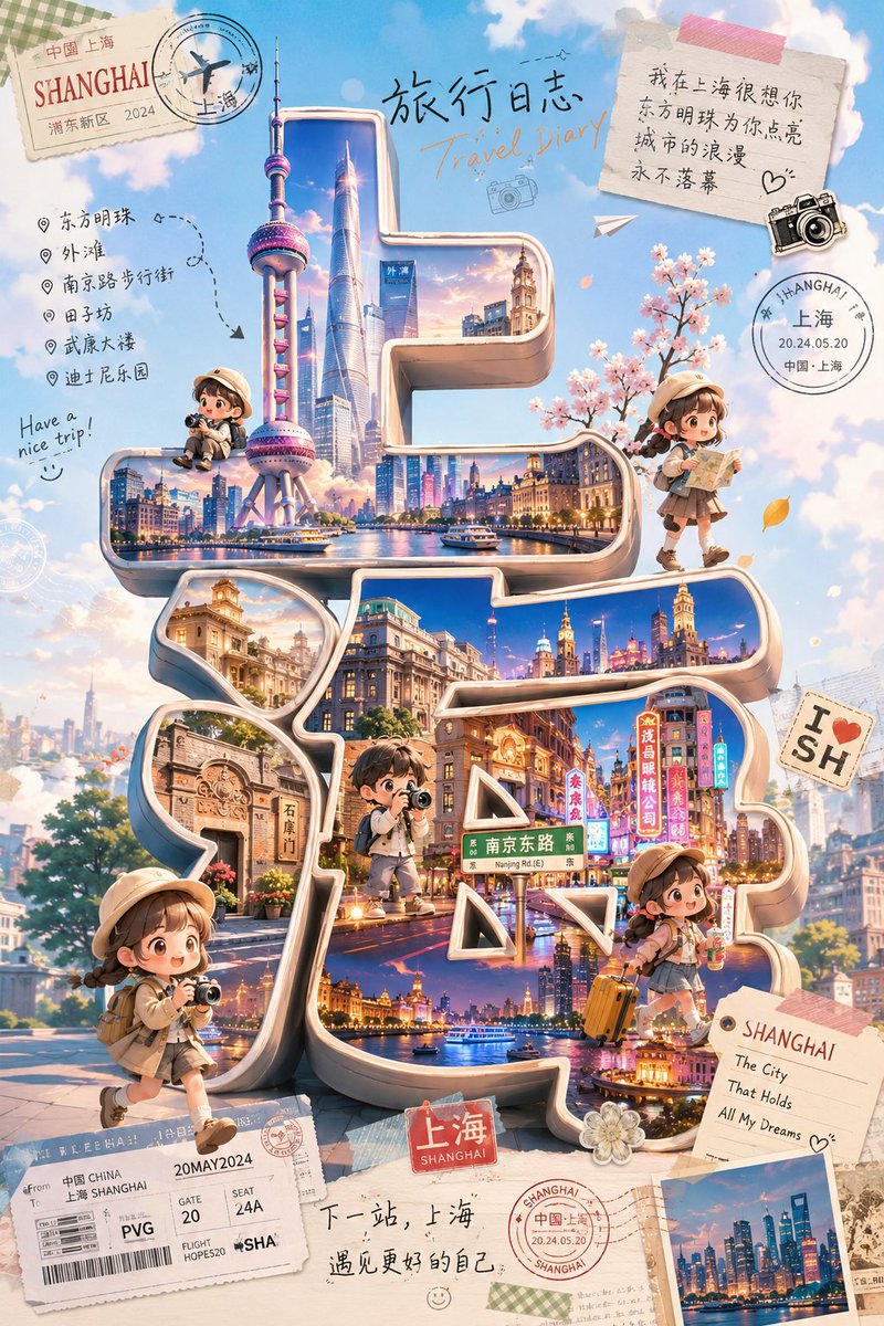 社交媒体帖子 - 可爱上海Q版旅行海报：小红书封面灵感示例
