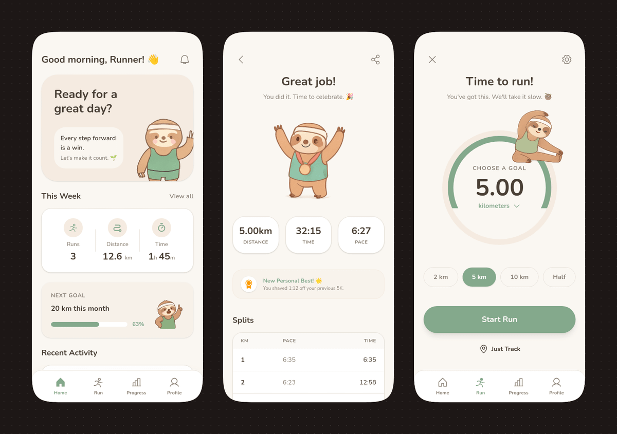 带有树懒吉祥物的柔和色调跑步 App UI